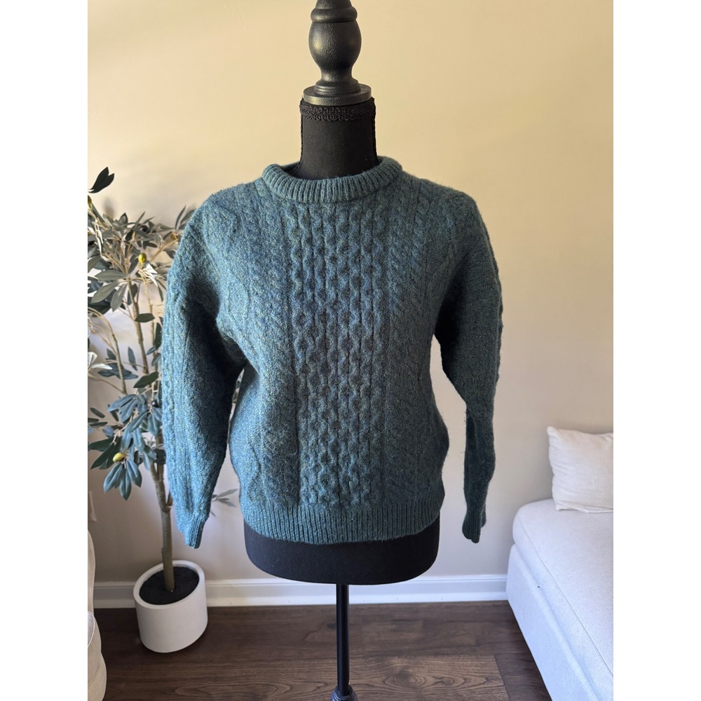 Aran Sweater Market Teal Green 100% Wool Cable Knit Crewneck Sweater Ireland